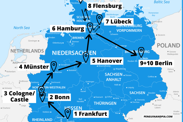 blue map of northern germany with arrows between cities
