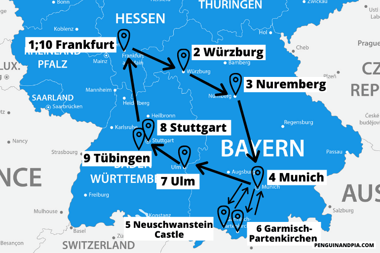 blue map of southern germany with arrows between cities