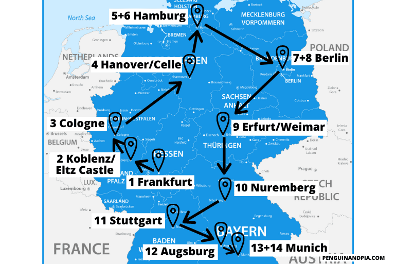 blue map of germany travel itinerary with arrows between cities