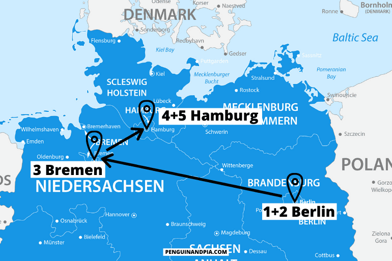 blue map of northern germany itinerary with arrows