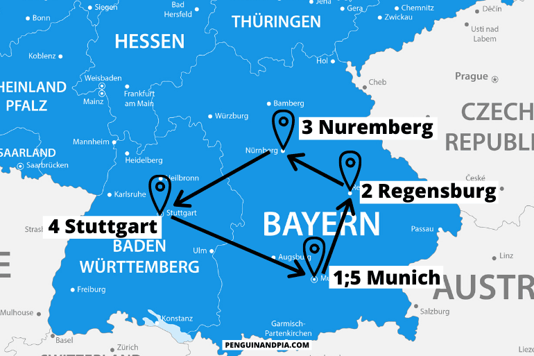 blue map of southern germany itinerary with arrows