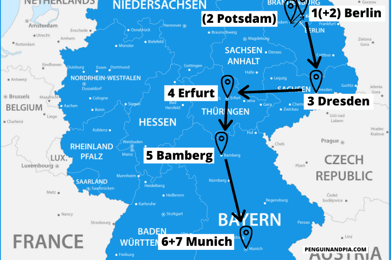 blue map of eastern germany travel itinerary with arrows