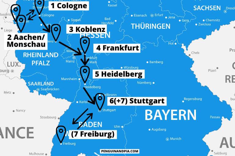 blue map of western germany with arrows