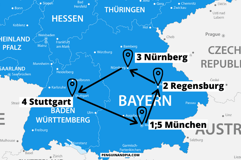 Karte von Deutschland mit Route für 5 Tage Rundreise im Süden