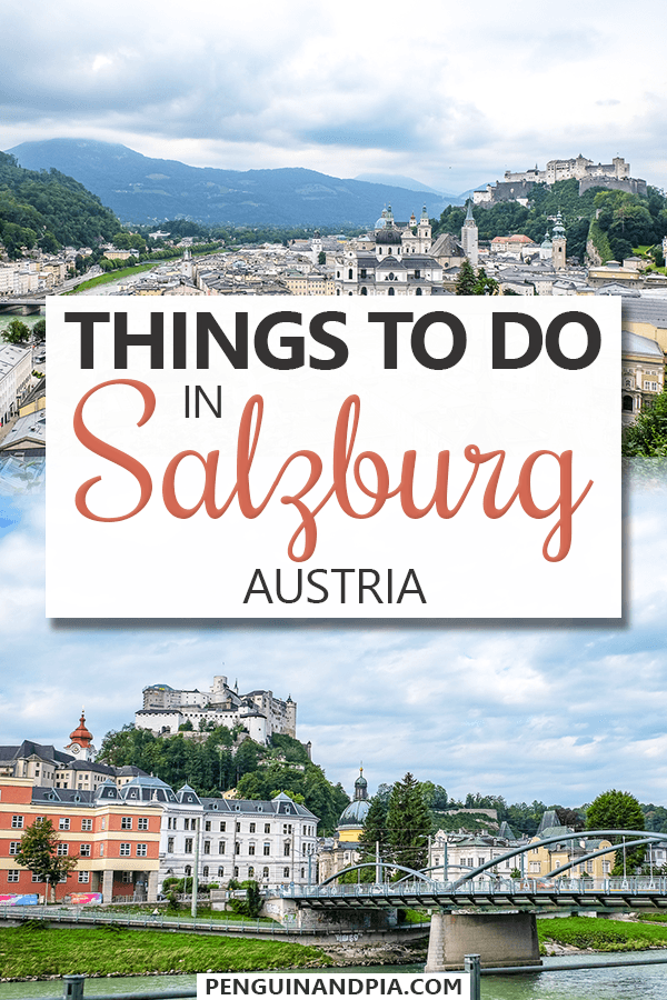 Photos of buildings in Salzburg and fortress on top of hill with text overlay