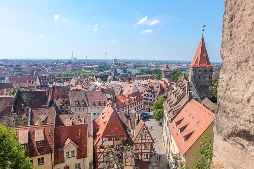 orange rooftops and blue sky of medieval old town in germany