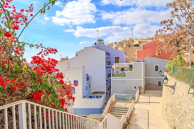 Bunte Häuser mit Blumen und Bäumen in Alicante Spanien