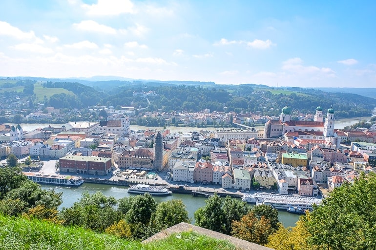 colourful old town buildings with river around from high viewpoint in passau germany.