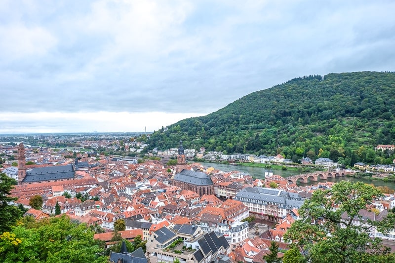 views of old town and green hill across river in neuenheim heidelberg