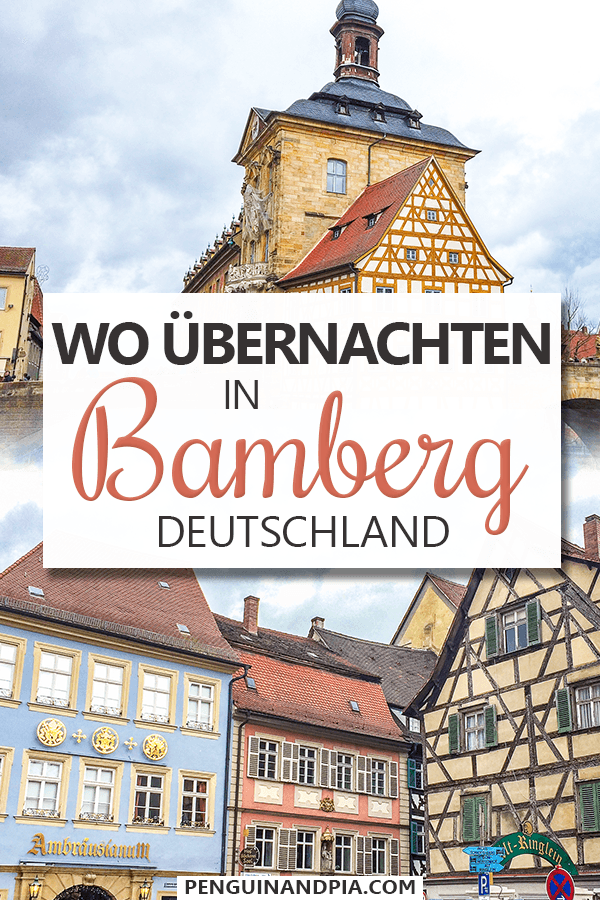 Fotos von bunten Fachwerkhäusern in Altstadt von Bamberg mit Text obendrüber