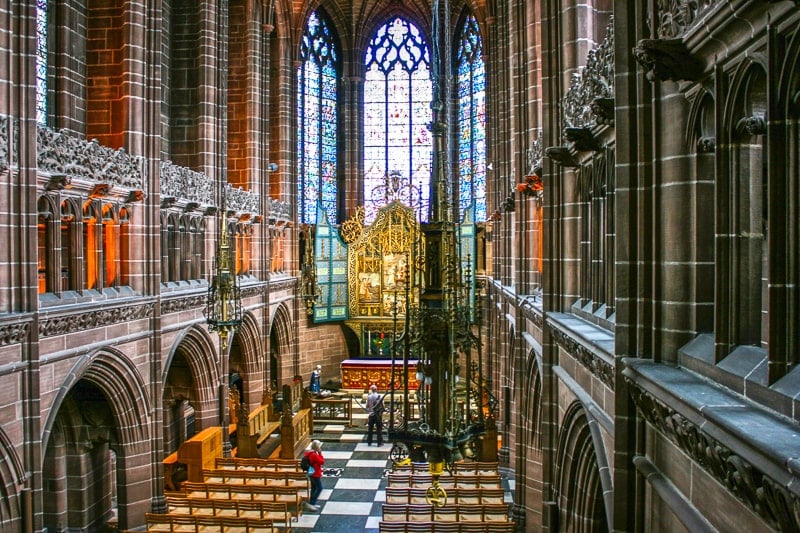 colourful cathedral interior with floor and glass window