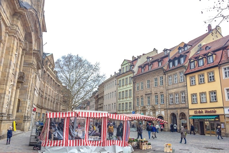 german public square with Grüner Market stall in bamberg