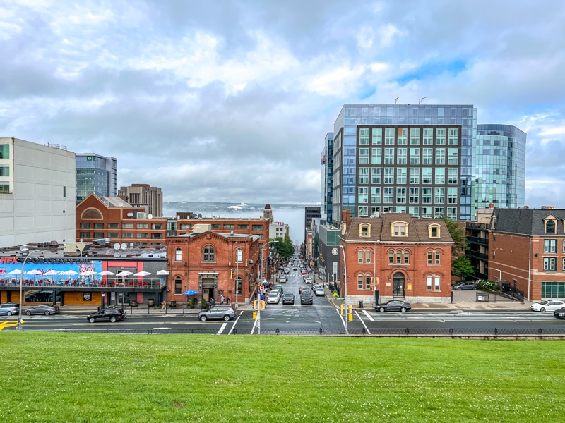 downtown halifax buildings with green grassy hill in front and harbour behind in the distance.