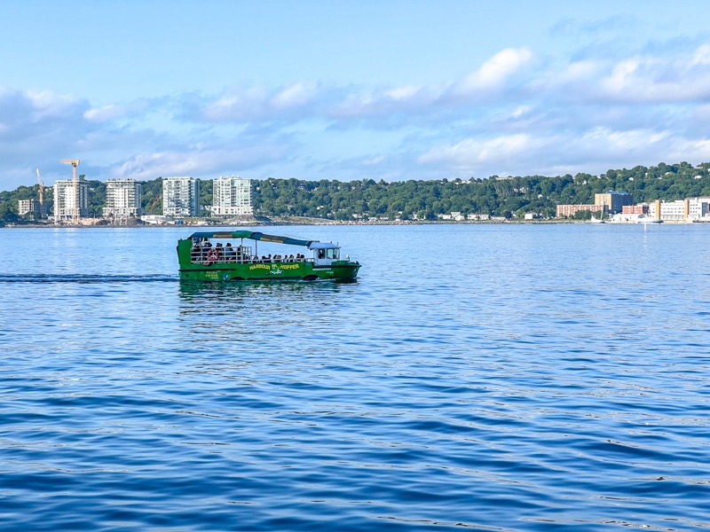 grünes Boot, das durch das Wasser des Hafens von Halifax fährt, mit der Küstenlinie im Hintergrund.