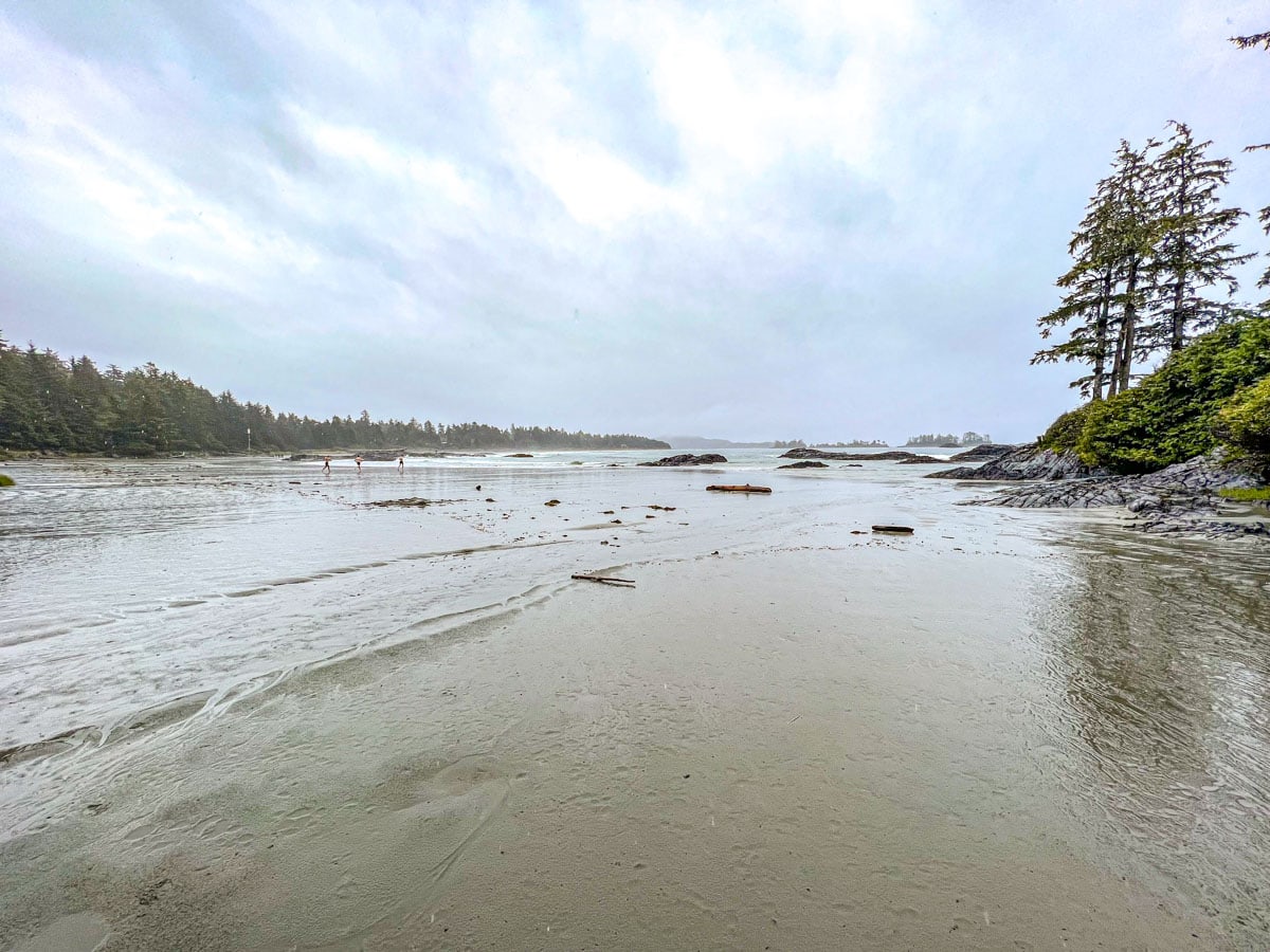 shot of rainy beach in tofino with trees and rocks on right and ocean waves in distance.