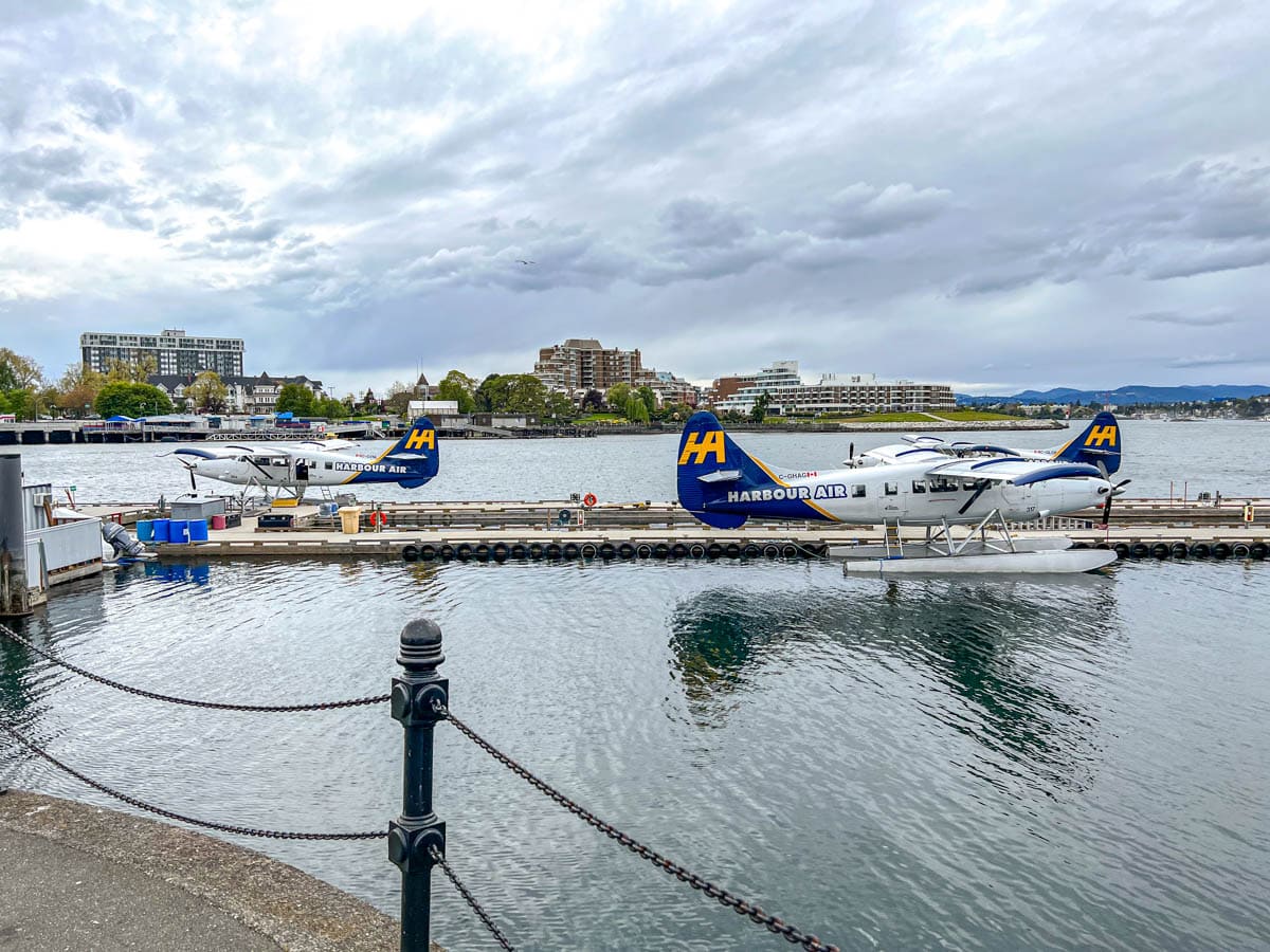 two seaplanes parked at floating dock in harbour with cloudy sky above.