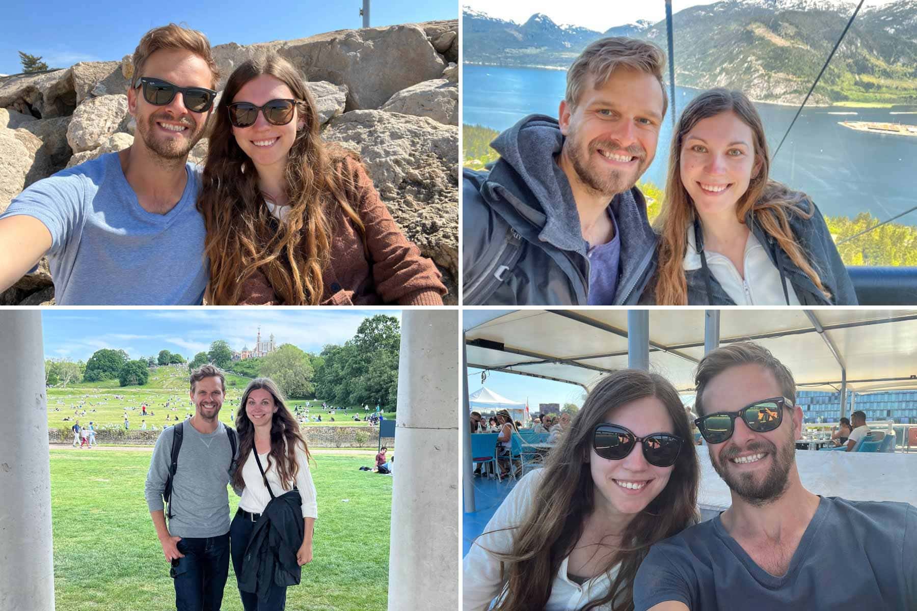 photo collage of young couple posing in four different locations.